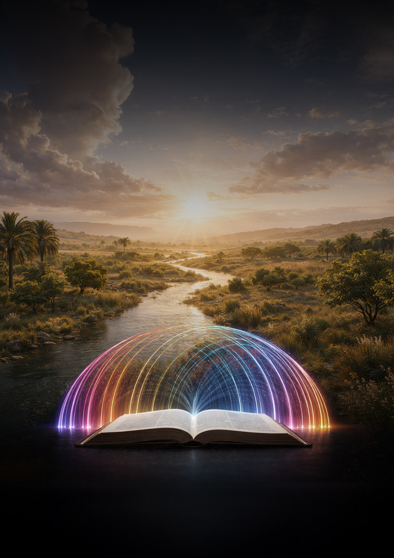 Open Bible with light radiating across Eden landscape